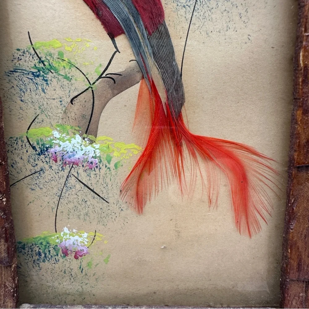 Vibrant Vintage Mexican Folk Art Feather Craft Red Bird Picture Carved Frame - Picture 3 of 16